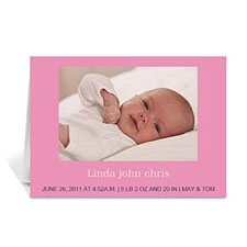 Tarjeta de Bebé personalizada con fotografía en color Rosa. 5x7