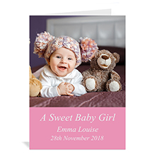 Tarjeta de Bebé personalizada con fotografía en color Rosa. 5x7, doblado simple
