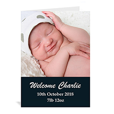Tarjeta clásica personalizada con fotografía de bebé en color Negro. Doblado Retrato Simple 5x7