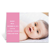 Tarjeta de Anuncio de Nacimiento de bebé con fotografía en color Rosa. 5x7 Moderno