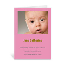 Tarjeta de felicitación personalizada con fotografías de bebé en color rosa. Doblado Retrato 5x7