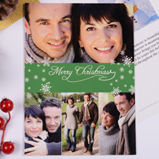 Tarjeta personalizada de Navidad con collage de 4 fotografías color verde
