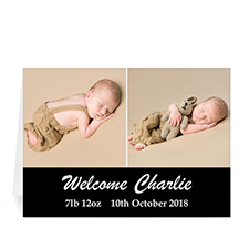 Tarjetas personalizadas con collage de 2 fotografías de Bebé en color Negro. 5x7 simple