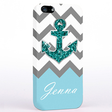Personalized Glitter Turquoise Anchor Grey Chevron iPhone Case