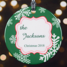 Personalized Christmas Green Snowflake Round Porcelain Ornament