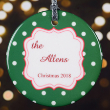 Personalized Christmas Green Polka Dot Round Porcelain Ornament