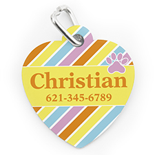 Placa de perro o gato en forma de corazón con pata a rayas de colores impresa personalizada
