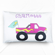 Funda de almohada para niños con nombre personalizado de camión púrpura