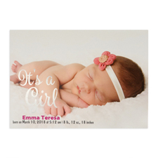 Tarjeta personalizada de anuncio de nacimiento  con fotografía de niña con foil plateado