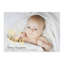Tarjeta personalizada de anuncio de nacimiento  con fotografía de niño con foil dorado