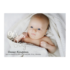 Tarjeta personalizada de anuncio de nacimiento  con fotografía de niño con foil plateado