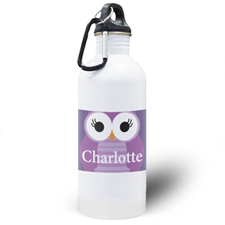 Botella de agua morada personalizada con búho para niños