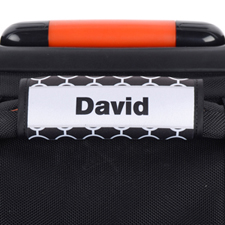 Envoltura de asas del equipaje personalizada con marco gris y círculo negro.
