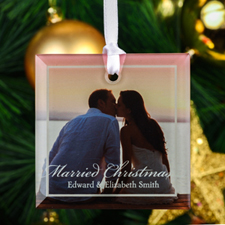Married Christmas Personalized Photo Square Glass Ornament