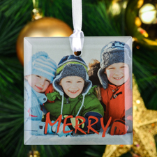 Red Merry Personalized Photo Square Glass Ornament