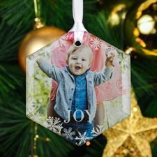 Joy Snowflake Personalized Photo Hexagon Glass Ornament