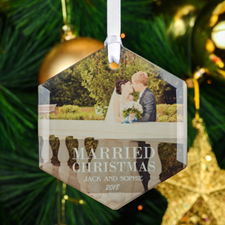 Married Christmas Personalized Photo Hexagon Glass Ornament