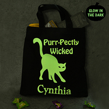 Bolsa de regalos con gato que brilla en la oscuridad de Halloween, negro. 