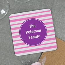 Portavasos de cartón personalizado con fotografía cuadrada en diseño de rayas color rosa