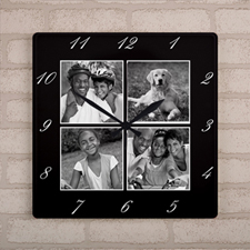 Reloj cuadrado grande personalizado de cuatro fotografías y marco negro 27.3 cm