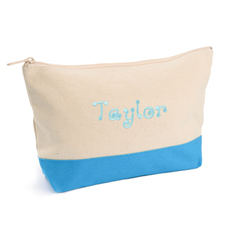 Bolsa cosmética personalizada con bordado. Color: 2 tonos aqua. Tamaño: Pequeña
