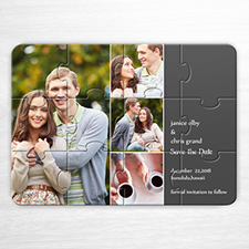 Personalice el rompecabezas con Guarde la fecha, con colage de 4 fotos de color gris como invitación