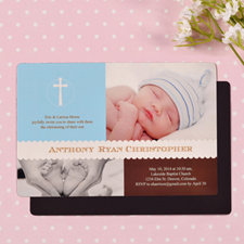 Imanes personalizados de  10.16 cm x 15.24 cm  para el bautizo clásico del bebé, con fotos azules de la nevera.