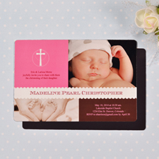 Imanes personalizados de  10.16 cm x 15.24 cm  para la foto del bautizo de la niña en la nevera.