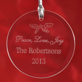 Personalized Engraved Peace, Love & Joy Round Glass Ornament