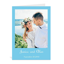 Tarjeta personalizada con fotografía de boda. Azul Celeste. 12.7x17.7. Vertical