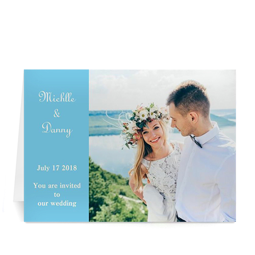Tarjeta personalizada con fotografía de boda. Azul Celeste. 12.7x17.7. Moderno