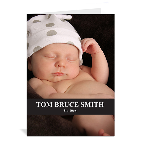 Tarjeta clásica personalizada con fotografía de bebé en color Negro. Doblado Retrato 5x7