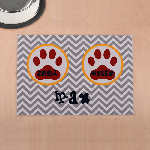 Símbolo personalizado en gris, impresión de pata roja, alfombra de comida para mascotas.