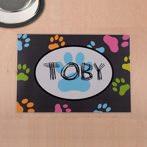 Impresión de patas de colores personalizados y alfombrilla gris para comida de mascotas