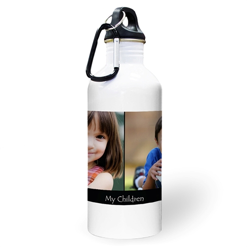 Botella de agua personalizada con foto negra, colage de con dos cuadros de texto