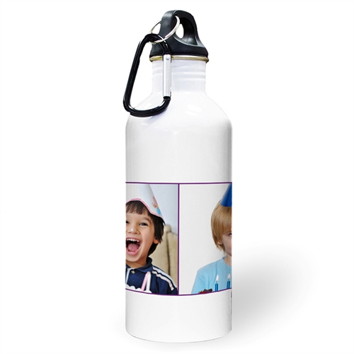 Botella de agua personalizada con colage de dos fotos de color púrpura y dos cuadros de texto.