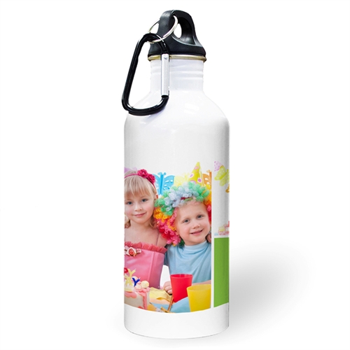 Botella de agua personalizada con colaje de dos fotos de color lima y dos cuadros de texto