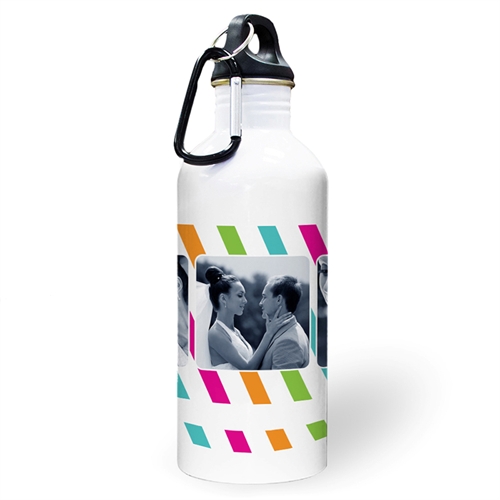 Botella de agua personalizada con Foto y Rayas de colores con colaje de tres y cuadro de texto