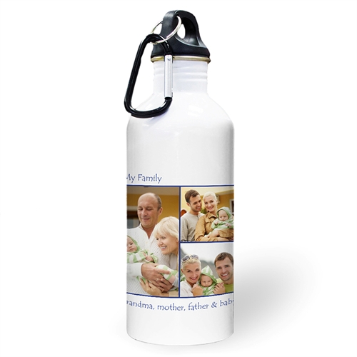 Botella de agua personalizada con colage marino de tres fotos y con dos cuadros de texto