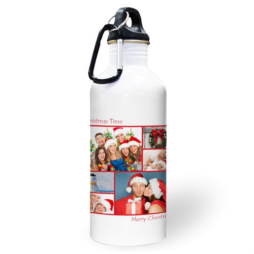 Botella de agua personalizada con colage de seis fotos de color rojo y dos cuadros de texto.