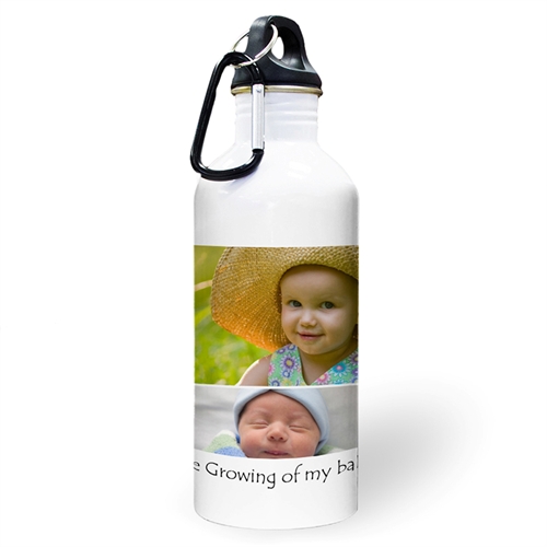 Botella de agua personalizada con colaje de cuatro fotos de color lima y dos cuadros de texto
