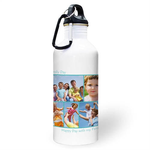 Botella de agua personalizada con foto Aqua con colage de cinco de dos cuadros de texto