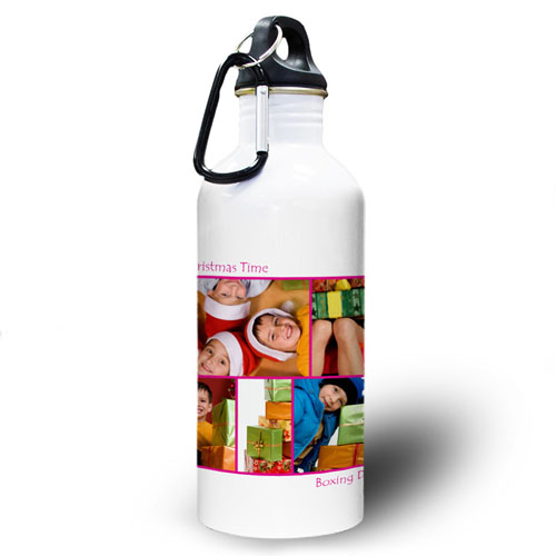 Botella de agua personalizada con colage de cinco foto de color rosado caliente on dos cuadros de texto.