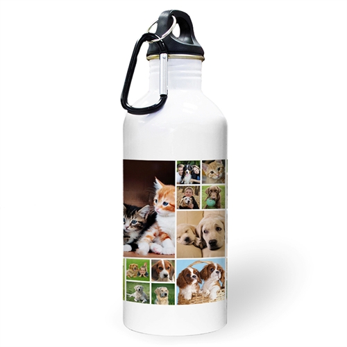 Botella de agua personalizada con colaje de dieciocho fotos de color lima y dos cuadros de texto
