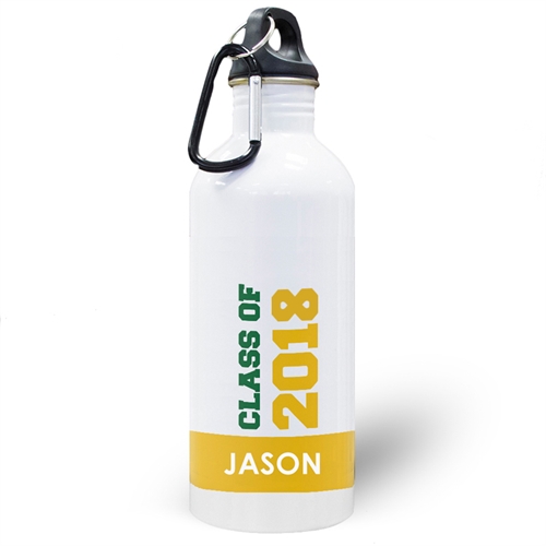 Botella de agua amarilla personalizada con foto de la clase de 2020