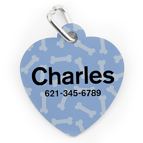 Placa de perro o gato con forma de corazón con impresión personalizada de patrón de hueso azul