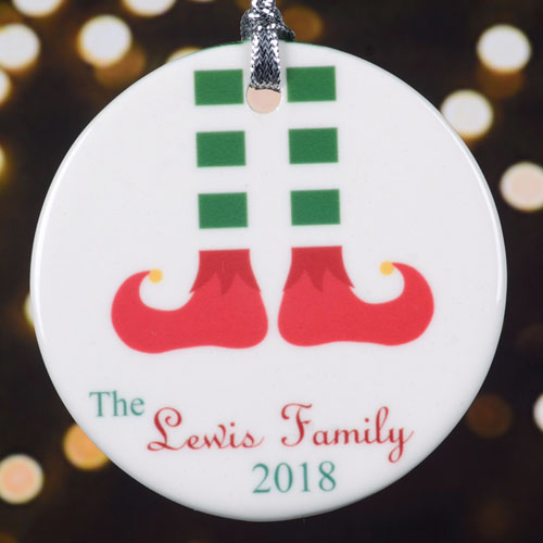 Personalized Green White Stocking Round Porcelain Ornament