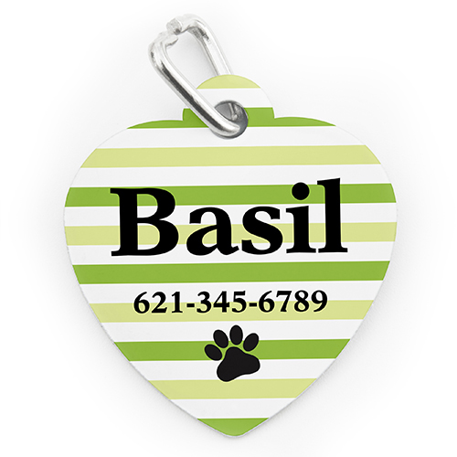 Placa de perro o gato con forma de corazón e  impresión personalizada a rayas lima y huella de pata
