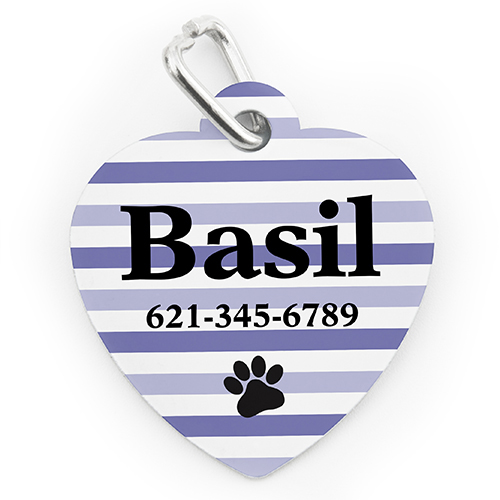 Placa de perro o gato con forma de corazón e impresión personalizada huella de pata a rayas púrpura