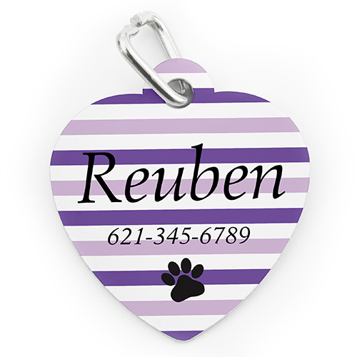 Placa de perro o gato con forma de corazón e impresión personalizada a rayas lavanda y huella de pata